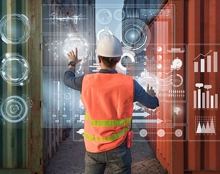 Shipyard worker with digital stats